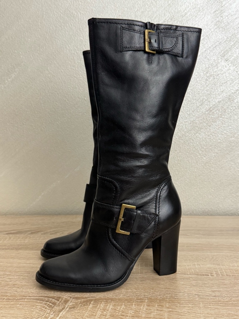 BP. Julius -Lea Black Leather Mid Calf Boots 3.5” Block Heel Size 7
